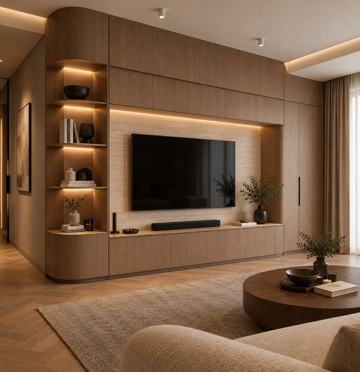 Propuesta para el salón de la Vivienda Molins con mueble a medida de roble e iluminación indirecta